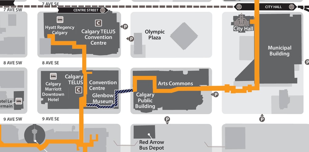 Map of the +15 Network around Arts Commons. Arts Commons is linked east to the Municipal Building and City Hall.